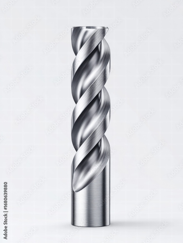 Poster a captivating view of a shiny, spiral drill bit, showcasing intricate design and precision engineeri