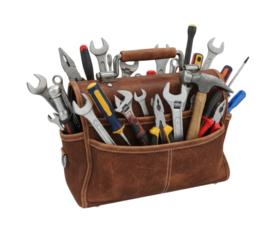 Leather Tool Bag Overflowing with a Variety of Handyman Tools cutout isolated on transparent bg, png