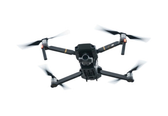 Grey Camera Quadcopter Drone in Flight with Propellers Spinning cutout isolated on transparent bg, png