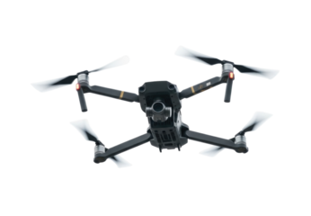 Grey Camera Quadcopter Drone in Flight with Propellers Spinning cutout isolated on transparent bg, png