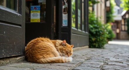 A ginger cat rests peacefully on a cobblestone street, nestled beside a dark-paneled storefront.
