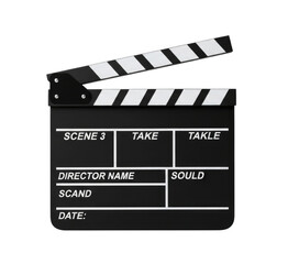 Open Black and White Film Clapboard or Clapperboard with Text cutout isolated on transparent bg, png