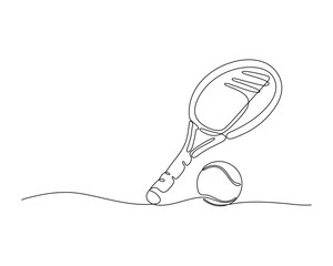 Minimalist continuous line drawing of a tennis racket and ball on ground. Elegant sports illustration ideal for modern design, fitness themes, and editorial use