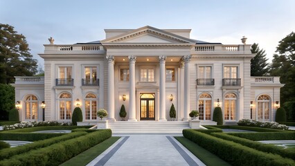 Fototapeta premium Grand neoclassical mansion with manicured gardens and illuminated windows at dusk