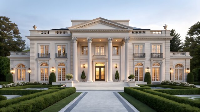 Grand neoclassical mansion with manicured gardens and illuminated windows at dusk