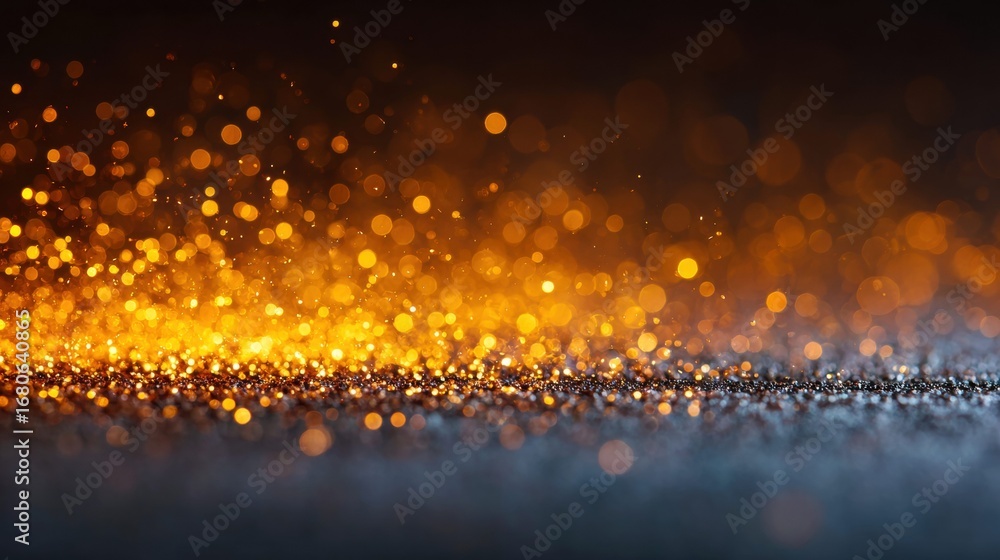 Poster golden bokeh lights creating a magical and elegant background with a dark atmosphere.