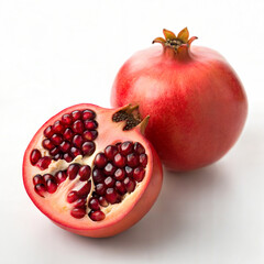 Fresh pomegranate fruit and half with red seeds isolated on white background