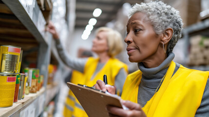 Friends and philanthropists placing food on shelves while she checks the inventory clipboard.