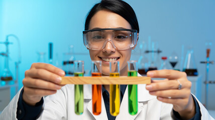 Young Woman Scientist Examines Colorful Liquids in Test Tubes During a Laboratory Experiment