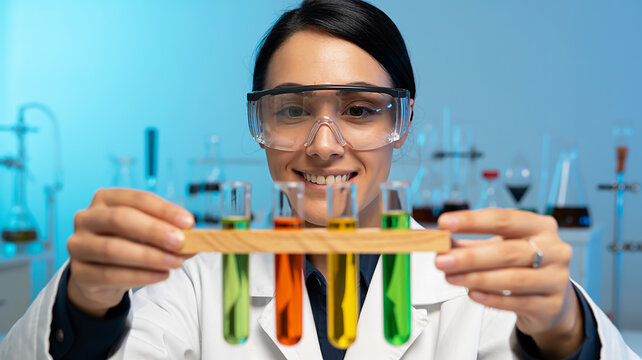 Young Woman Scientist Examines Colorful Liquids in Test Tubes During a Laboratory Experiment