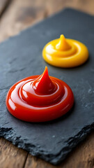Ketchup and mustard. Red and yellow sauce duo. Appetizing sauce combination