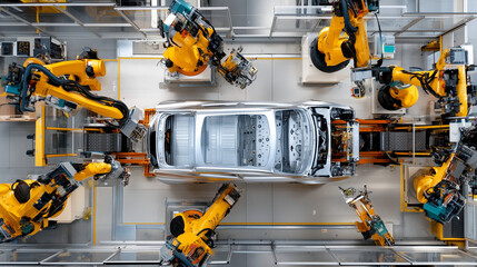 Overhead top-down view of robotic arms moving in perfect symmetry around a partially built electric vehicle.