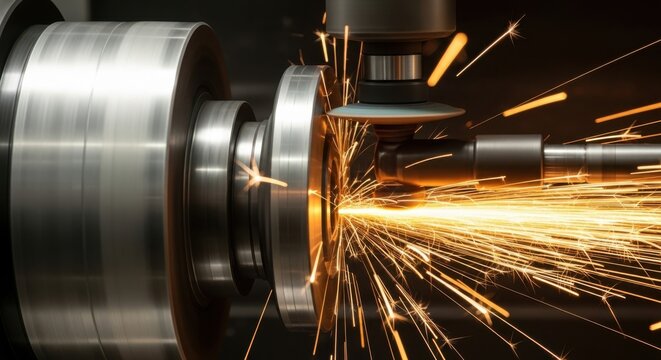 Closeup of metal grinding machine with bright sparks flying, industrial manufacturing process - Powered by Adobe