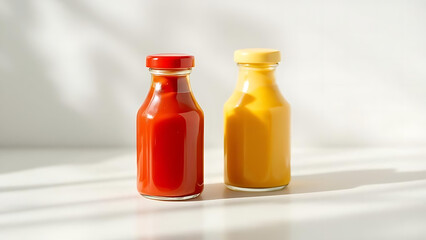 Ketchup and mustard. Red and yellow sauce duo. Appetizing sauce combination