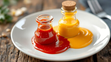 Ketchup and mustard. Red and yellow sauce duo. Appetizing sauce combination