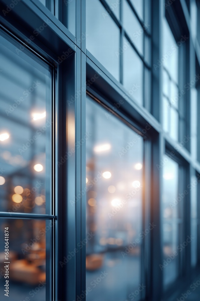 Poster the modern architecture of a building is shown with glass windows in a close up