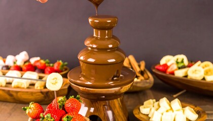 Melted chocolate cascading down a fountain, surrounded by fresh fruit and marshmallows ready for dipping