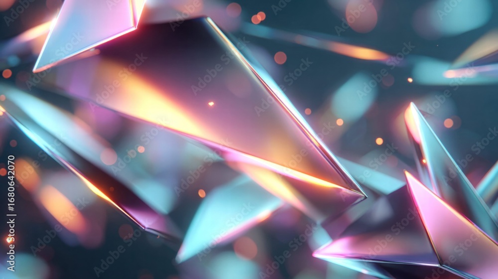Poster abstract crystalline structures with vibrant colors and a shimmering effect.