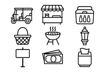 Tuk-Tuk Vendor Icons. Outline icon set of tuk-tuk street vendors: tuk-tuk, food stall, drink cooler, basket,