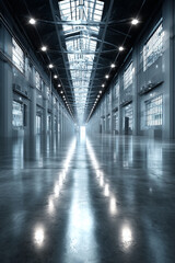 Abstract futuristic metallic background inside a large industrial hall