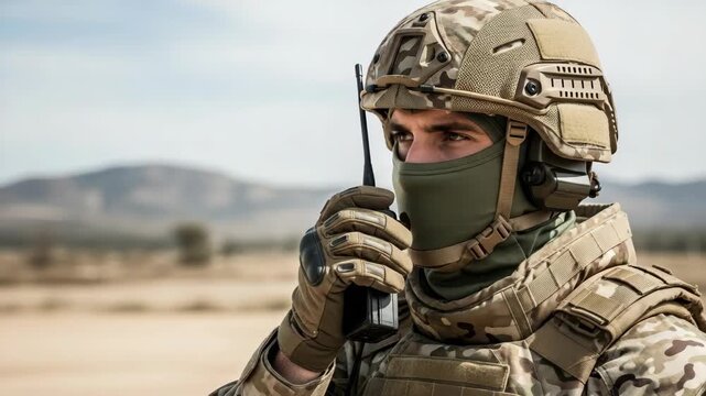 Soldier radio operator communicates using walkie talkie against desert backdrop. Soldier radio operator uses walkie talkie to relay important messages,