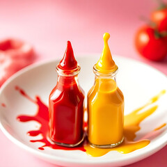 Ketchup and mustard. Red and yellow sauce duo. Appetizing sauce combination