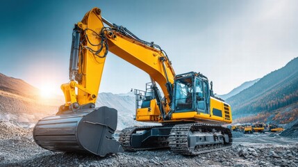 A large yellow excavator operating at a construction site in a mountainous region.