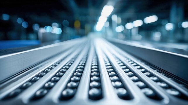 Close-up of a metallic conveyor belt, highlighting industrial processes and technology.