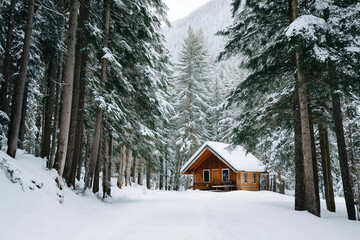 Close up, Snow-covered cabin in forest representing winter retreat