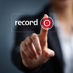 Human hand touching screen with highlighted "record" button, generated image