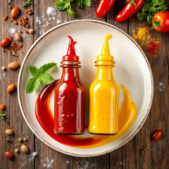 Ketchup and mustard. Red and yellow sauce duo. Appetizing sauce combination