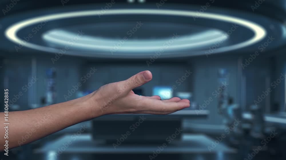 Poster a hand reaches out to interact with floating holographic human figures in a modern business setting,