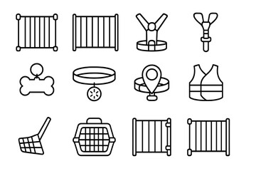 Pet Safety Icon Set. Outline icon set of pet safety products: baby gate, pet barrier, harness, seatbelt clip,