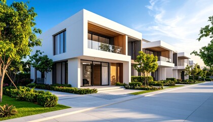 Fototapeta premium Sleek modern house featuring innovative architectural design and beautiful surroundings in daylight