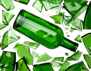 Top-Down View of Shattered Green Glass Bottle Pieces, Realistic Fragmentation, Isolated on White PNG