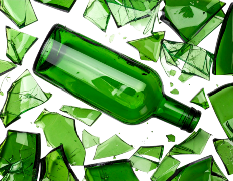 Top-Down View of Shattered Green Glass Bottle Pieces, Realistic Fragmentation, Isolated on White PNG