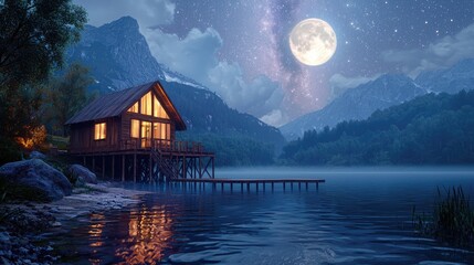 A cozy wooden cabin with a full moon and stars above, situated on a tranquil lake with a wooden dock and mountains in the background.