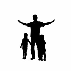 Father protecting children with open arms silhouette on white background