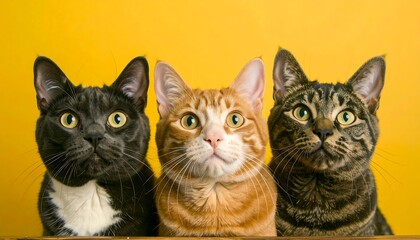 Three cats against a yellow backdrop