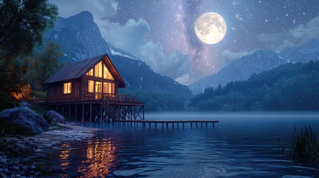 A cozy wooden cabin with a full moon and stars above, situated on a tranquil lake with a wooden dock and mountains in the background.