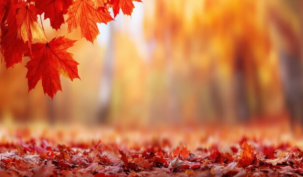 Beautiful red maple leaves falling on the ground in a forest during a sunny autumn day creating a breathtaking scenery