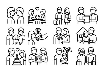 Couple Milestone Icons. Outline icon set of couple milestones: first meeting, first date, first trip, moving