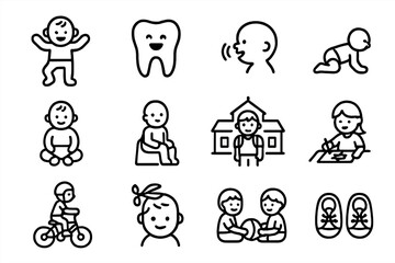 Parenting Milestones Icons. Outline icon set of parenting milestones: baby&rsquo;s first steps, first tooth, first