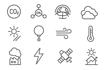 Atmospheric Change Icons. Outline icon set of atmospheric changes: CO2 molecule, methane, ozone layer, clouds,