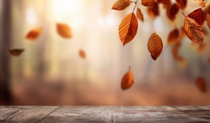 Autumn leaves falling onto a wooden table with a blurred forest background, creating a serene and seasonal atmosphere
