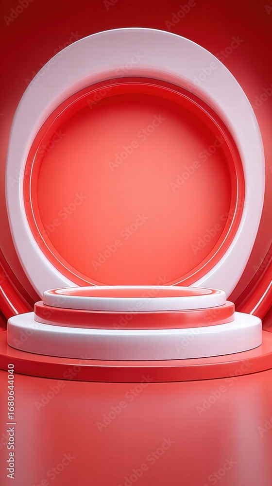 Poster this 3d rendering features a red and white geometric podium design for product displays.