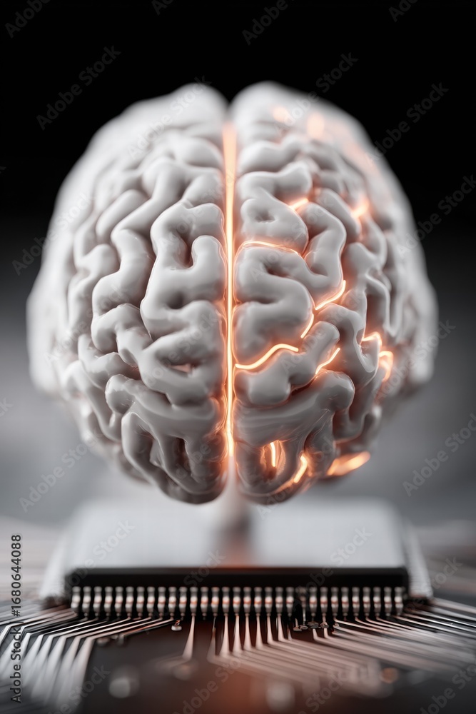Poster brain concept with glowing lines connecting to a computer chip, representing ai and technology.