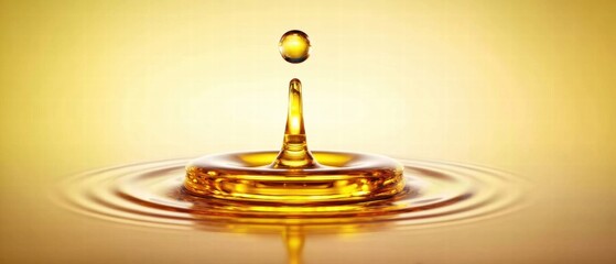 Golden liquid droplet creates a beautiful crown and ripples upon impact, showcasing fluid dynamics.