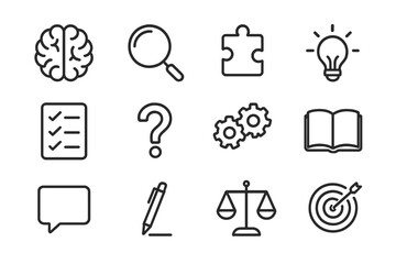 Critical Thinking Icons Grid. Outline icon set of critical thinking skills: brain, magnifying glass, puzzle