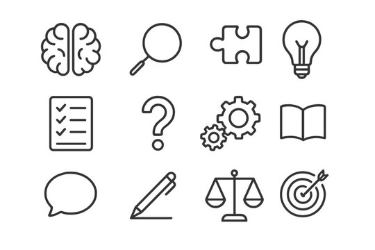 Critical Thinking Icons Grid. Outline icon set of critical thinking skills: brain, magnifying glass, puzzle